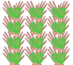 12 Pair Fishnet Gloves Fingerless Wrist Length 70s 80s Costume Party Fluro Green