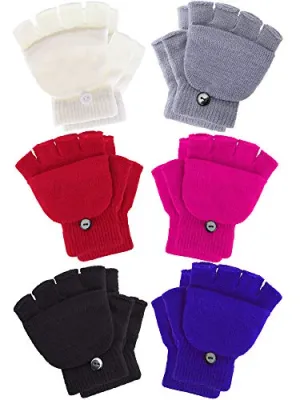 6 Pairs Convertible Fingerless Gloves (Kids & Teens)
