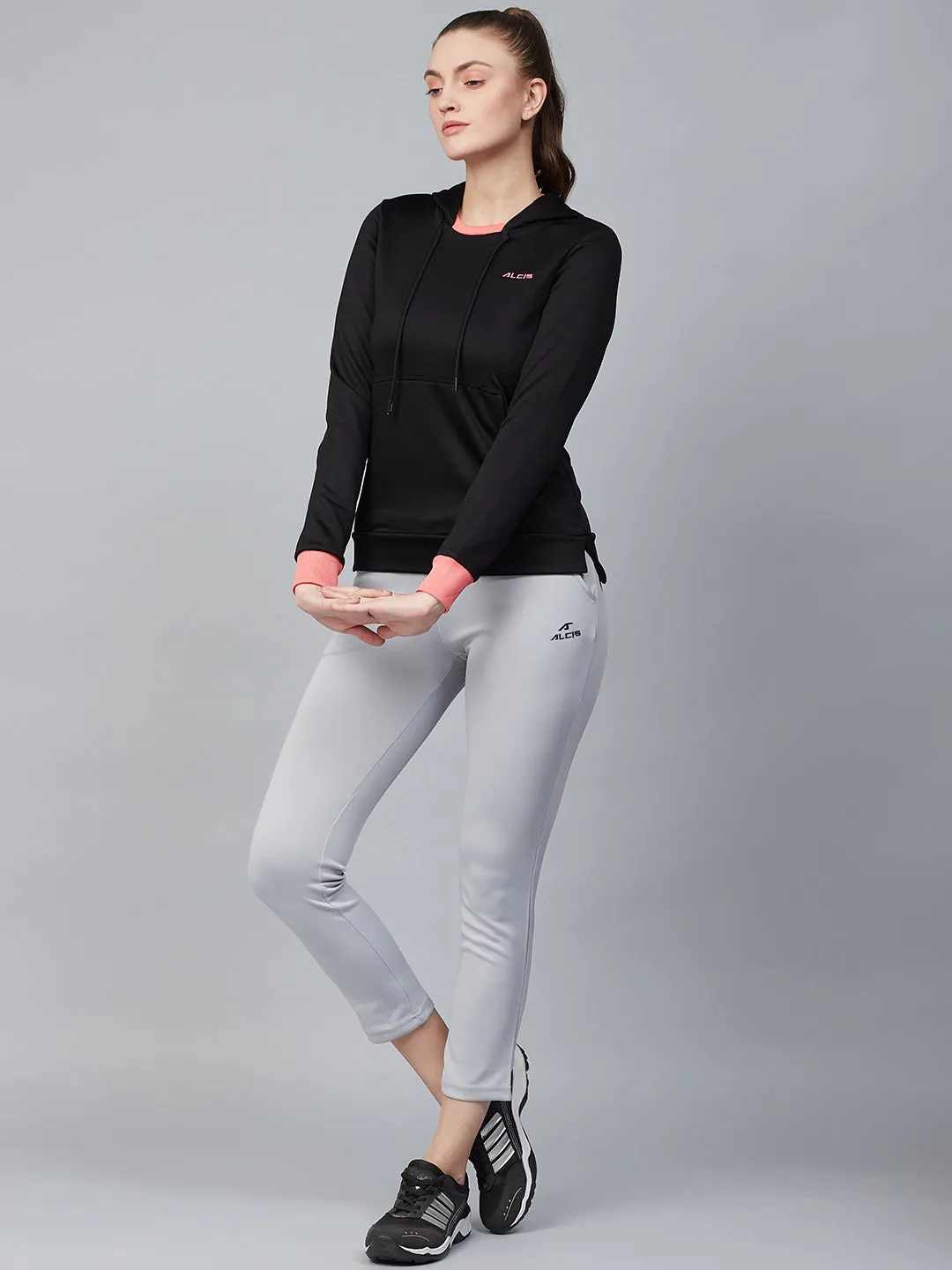 Alcis Women Black Solid Hooded Sweatshirt