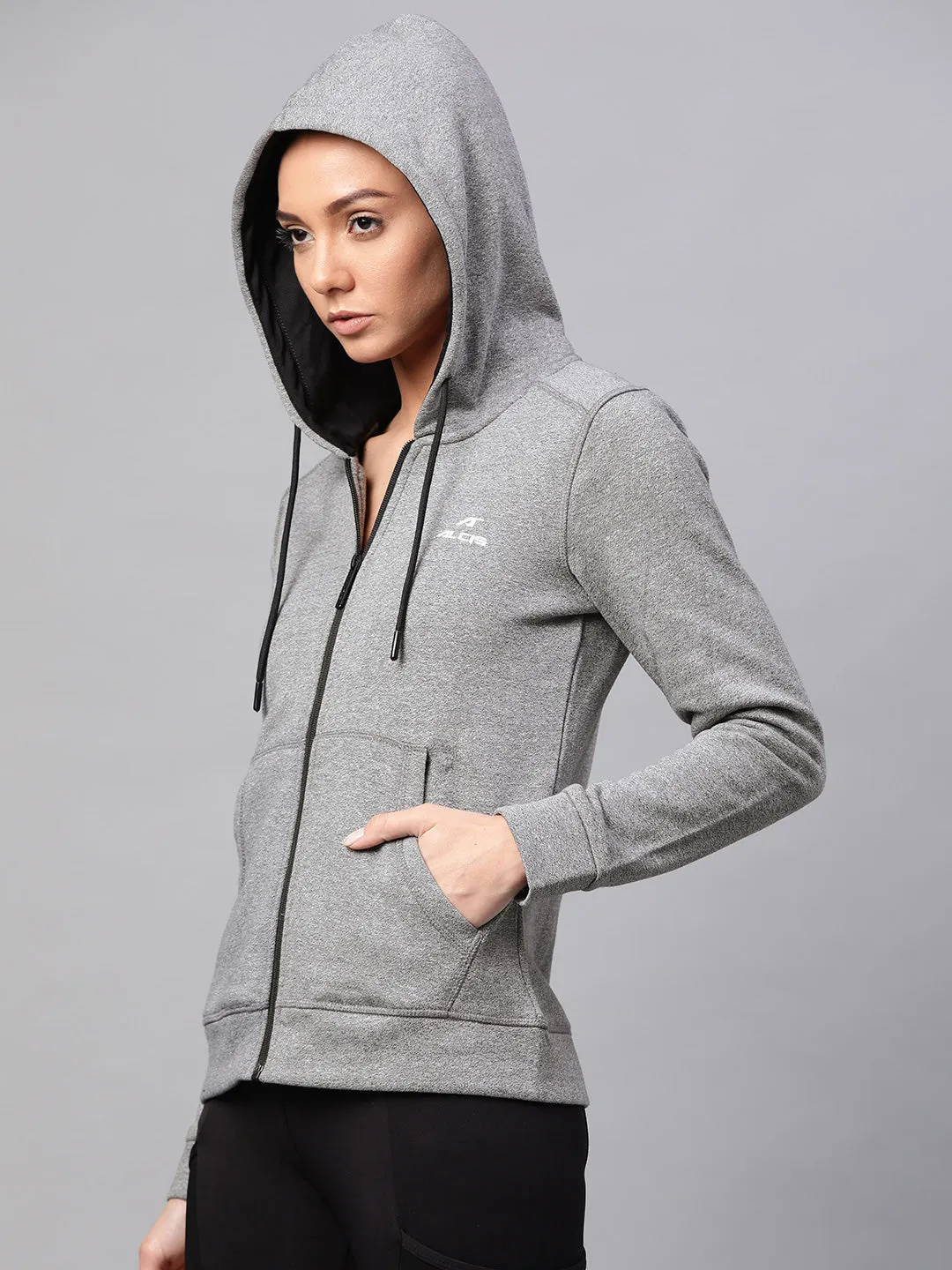 Alcis Women Grey Melange Solid Hooded Sweatshirt