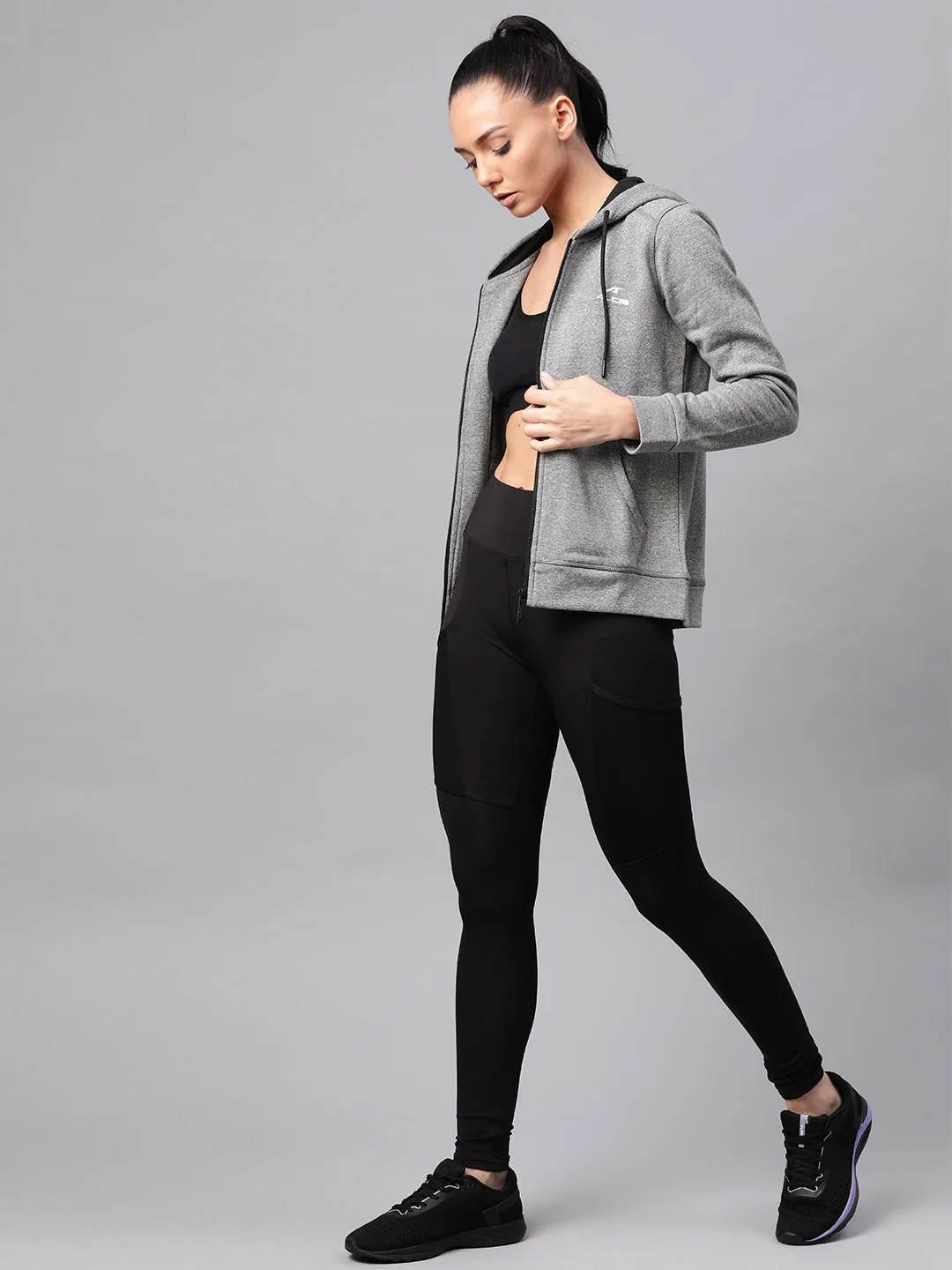 Alcis Women Grey Melange Solid Hooded Sweatshirt