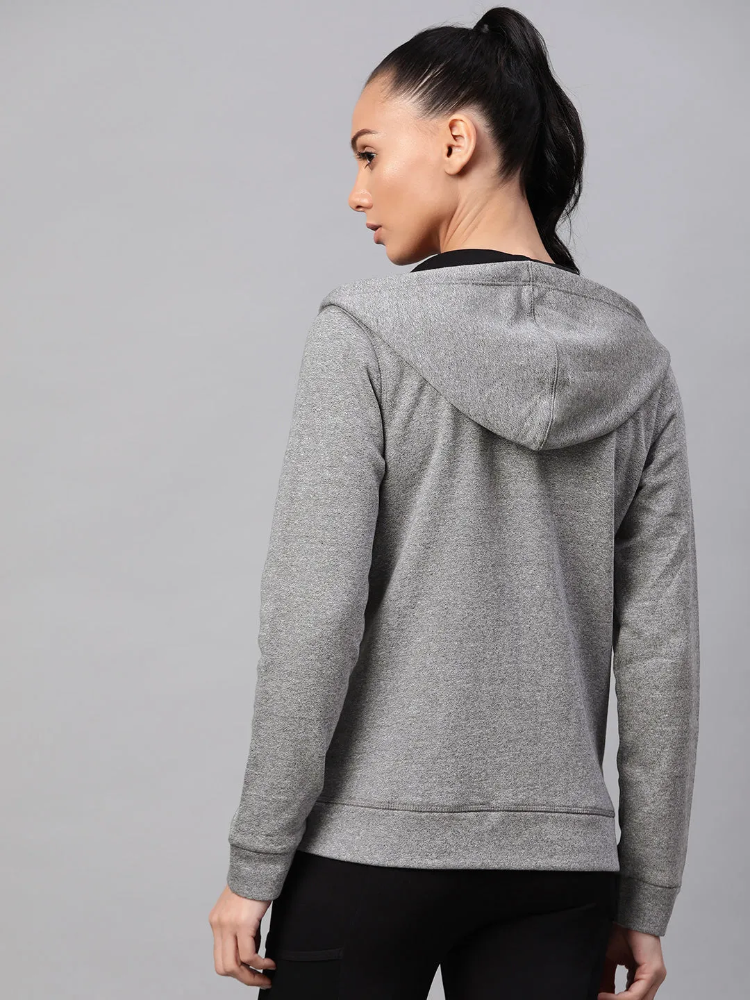 Alcis Women Grey Melange Solid Hooded Sweatshirt