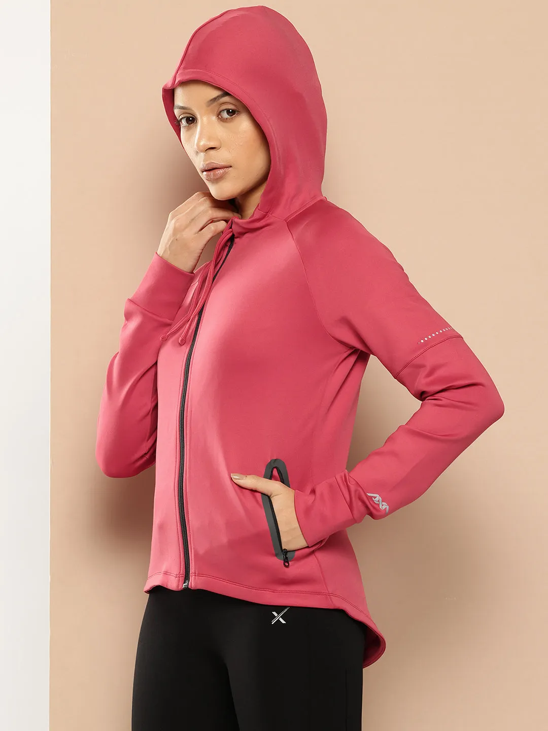Alcis Women Red Solid Hooded Sweatshirt