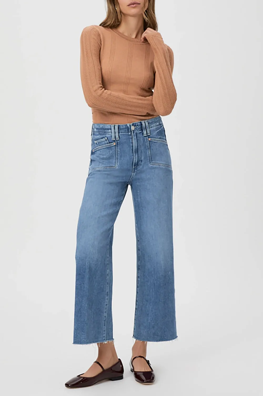 Anessa Wide Leg Jean with Set In Pockets & Raw Hem in Sunnie Distressed