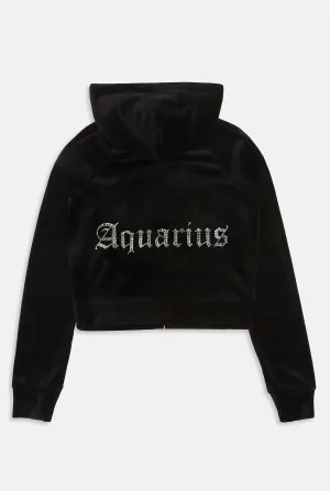 AQUARIUS' BLACK DIAMANTÉ VELOUR ZIP-THROUGH HOODIE