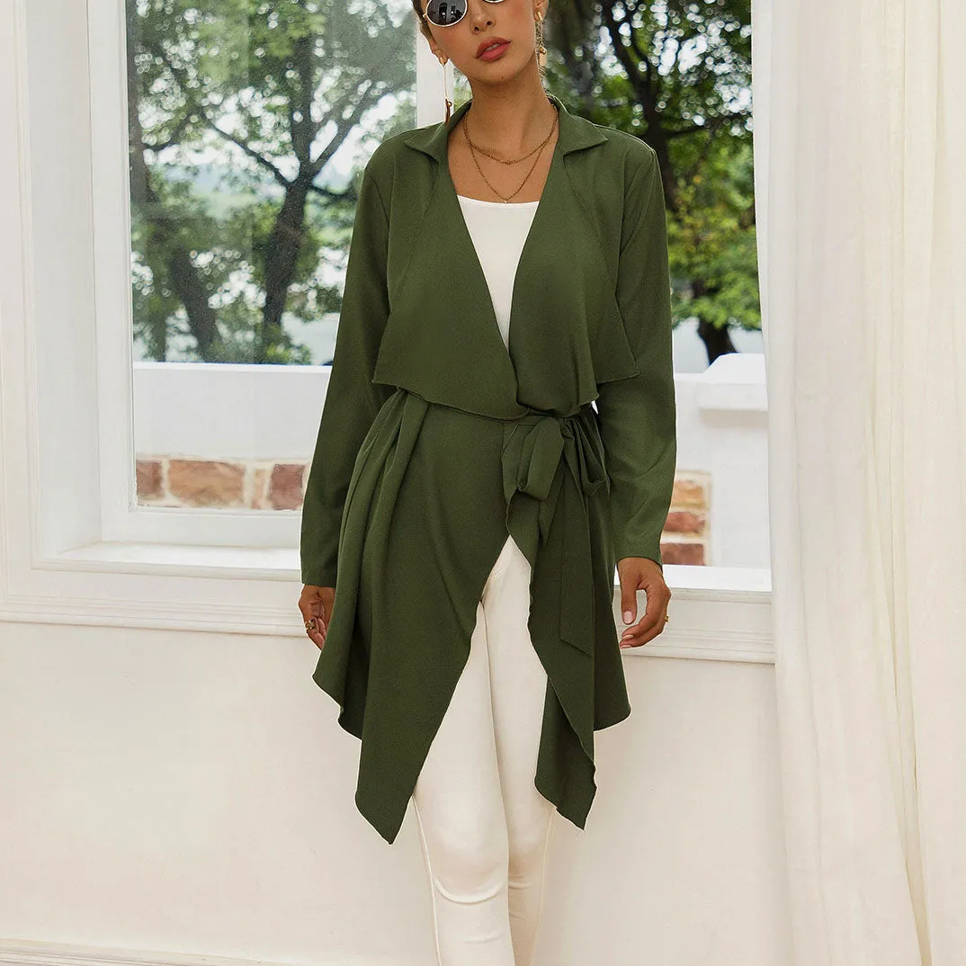 Autumn and Winter Fashion Wild Tie Belt Waist Long Sleeve Bat Cardigan Ladies Coat