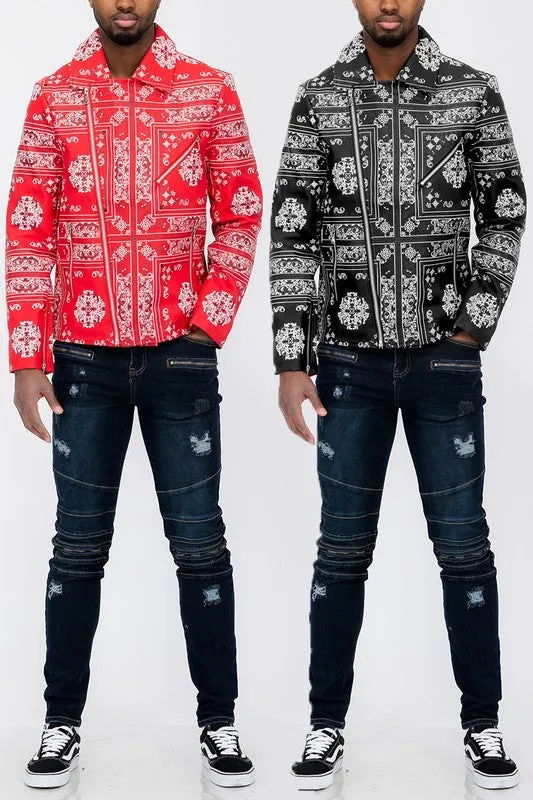 BANDANA PRINT VEGAN LEATHER JACKET
