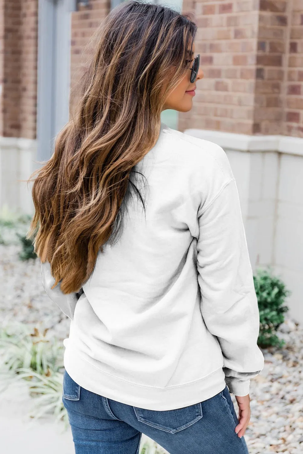 Beige Solid Color Crewneck Pullover Sweatshirt
