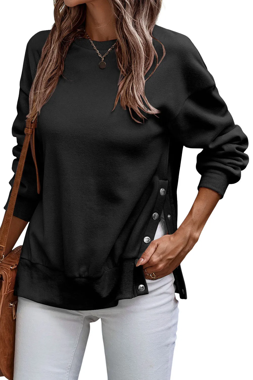 Black Button Split Sides Solid Color Sweatshirt