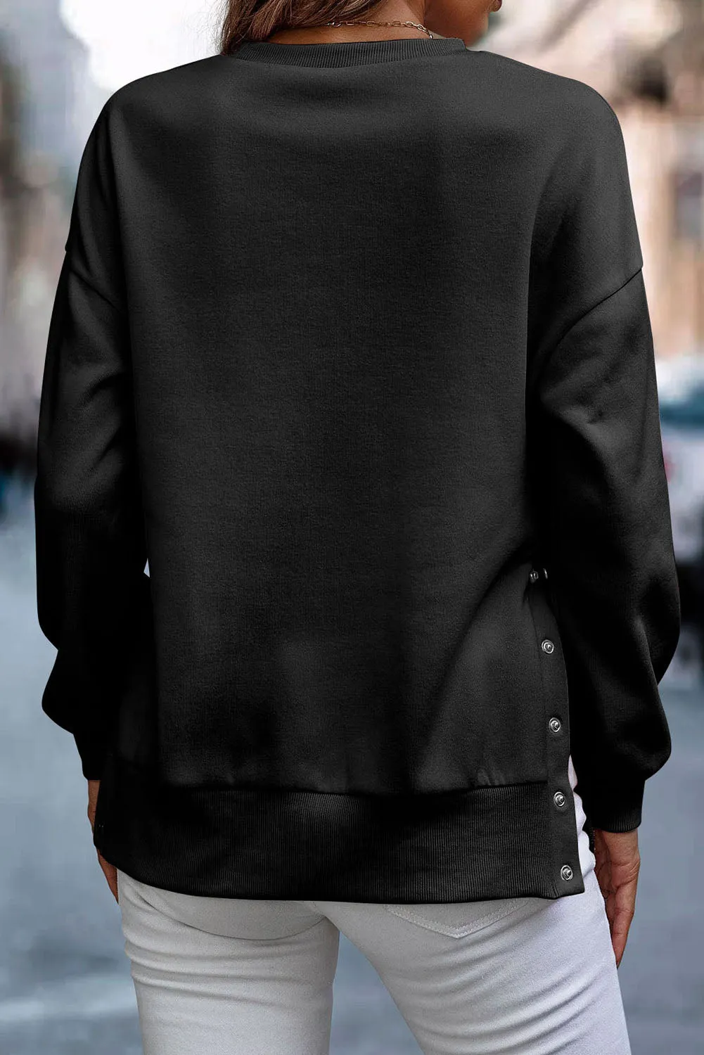 Black Button Split Sides Solid Color Sweatshirt