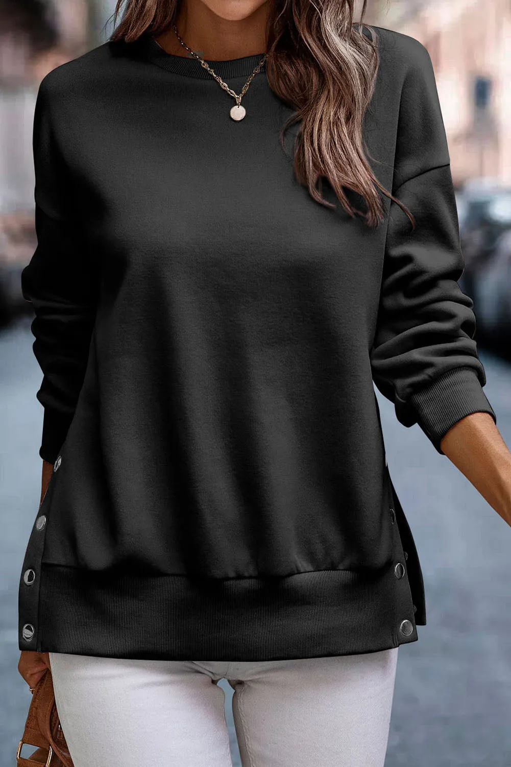 Black Button Split Sides Solid Color Sweatshirt