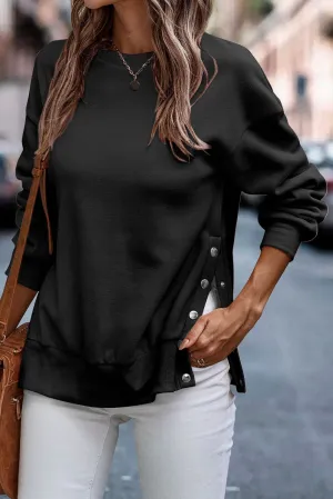 Black Button Split Sides Solid Color Sweatshirt