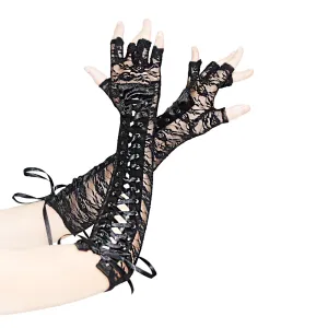 Black Floral Lace Half Fingers Gloves Lace-up