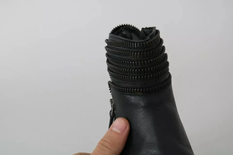 Black Leather Zipper Ankle Boots Shoes