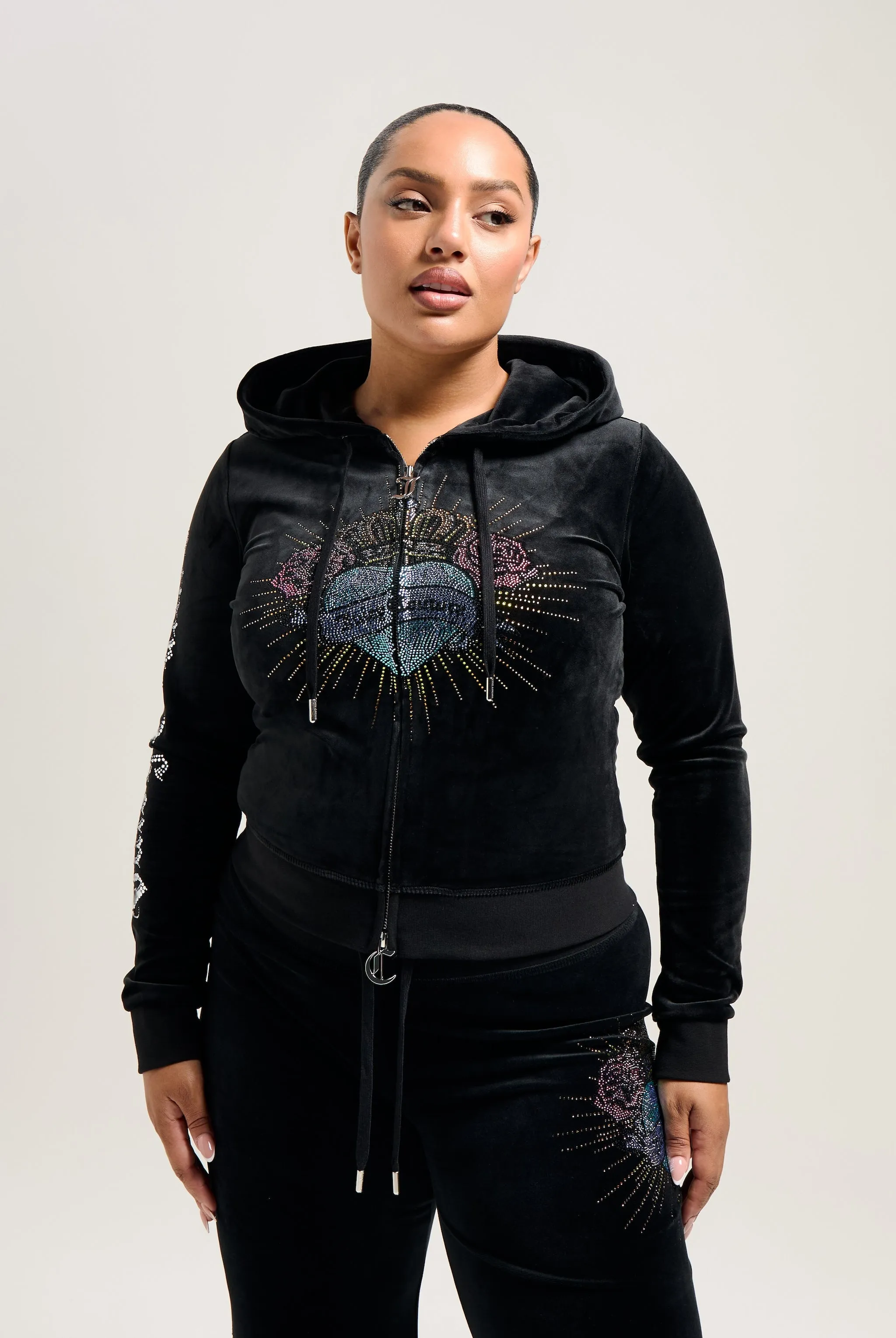 BLACK SACRED HEART DIAMANTÉ CLASSIC VELOUR HOODIE