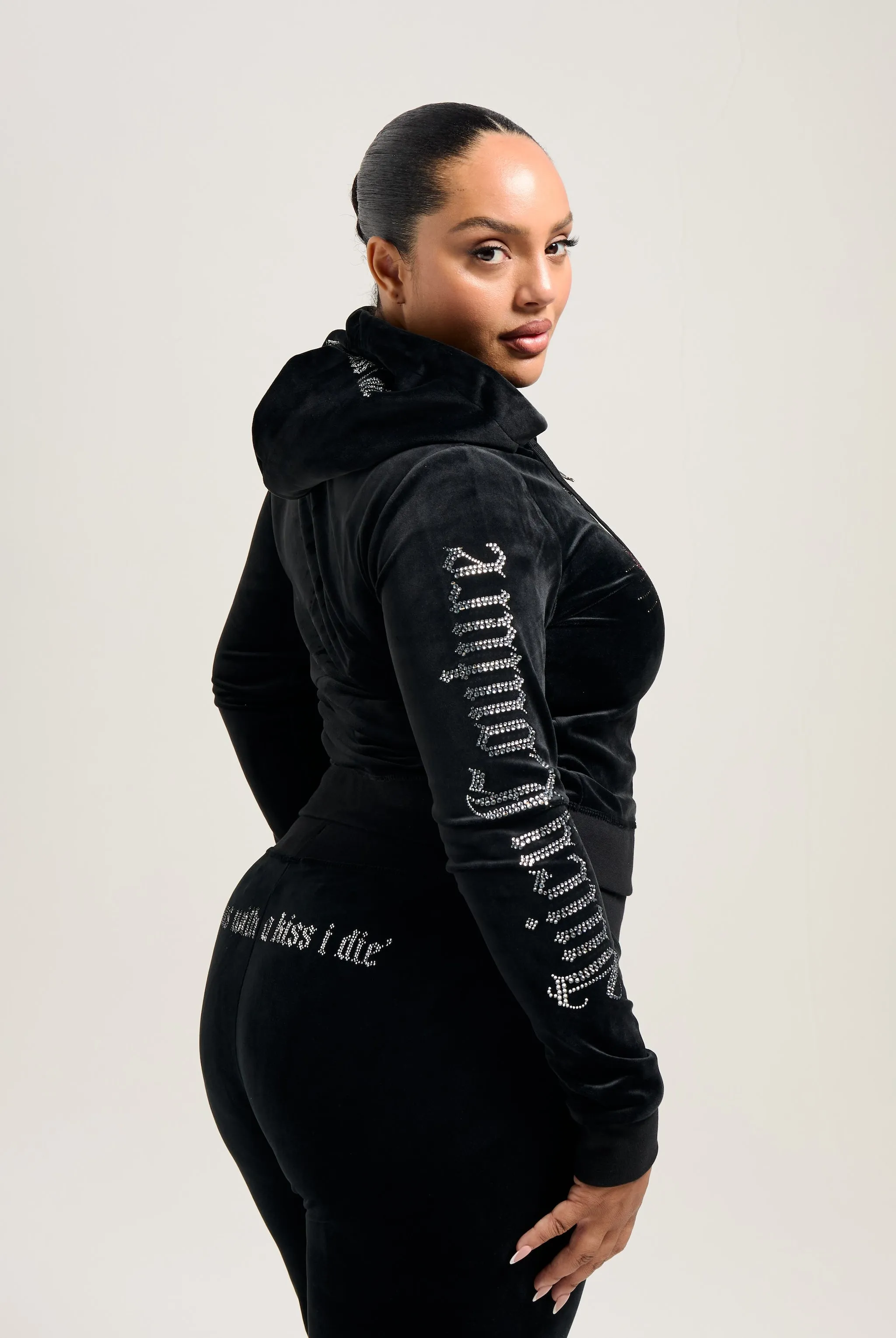 BLACK SACRED HEART DIAMANTÉ CLASSIC VELOUR HOODIE