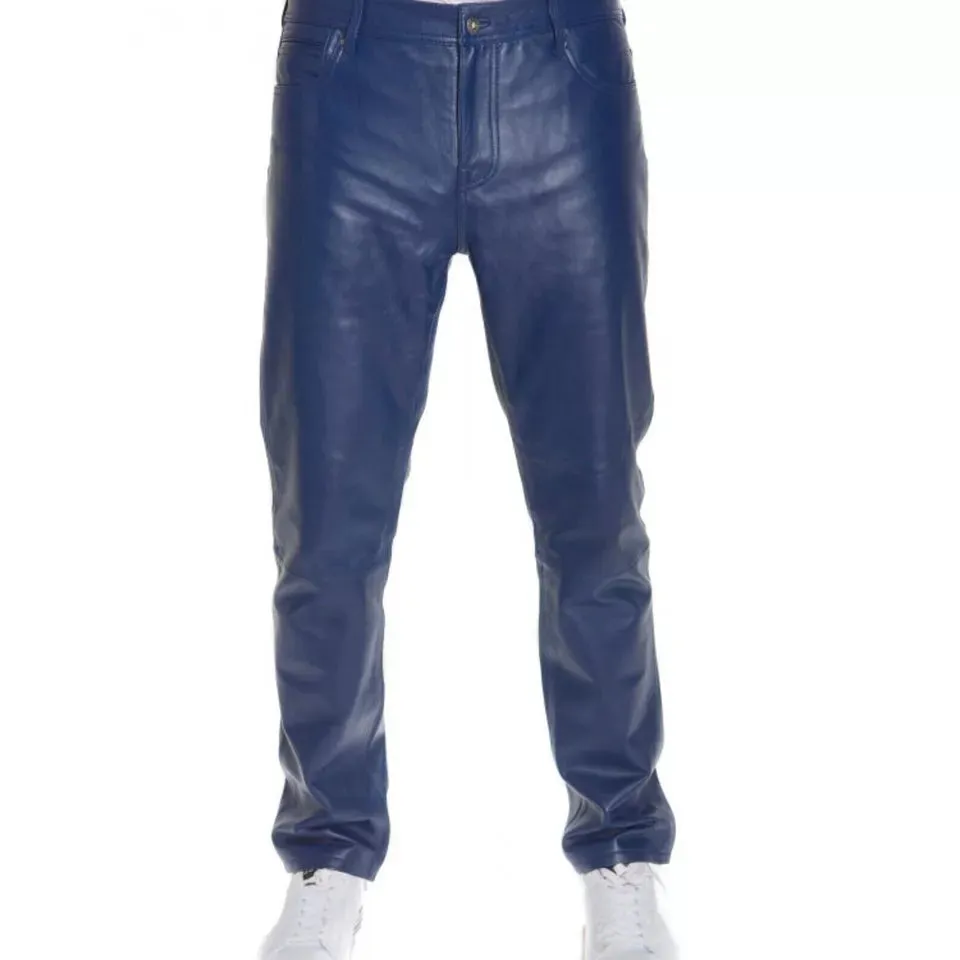 Brand New Mens Blue Premium Leather Pant. Real Soft Lambskin Biker Leather Pant.