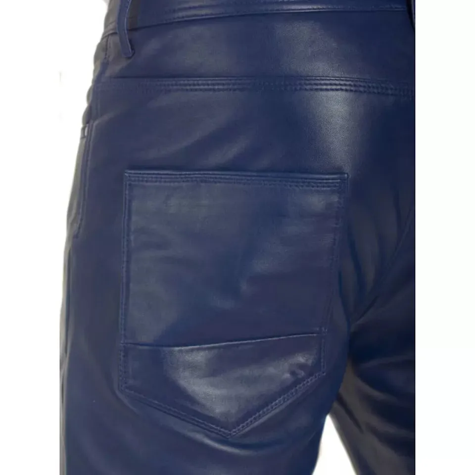 Brand New Mens Blue Premium Leather Pant. Real Soft Lambskin Biker Leather Pant.