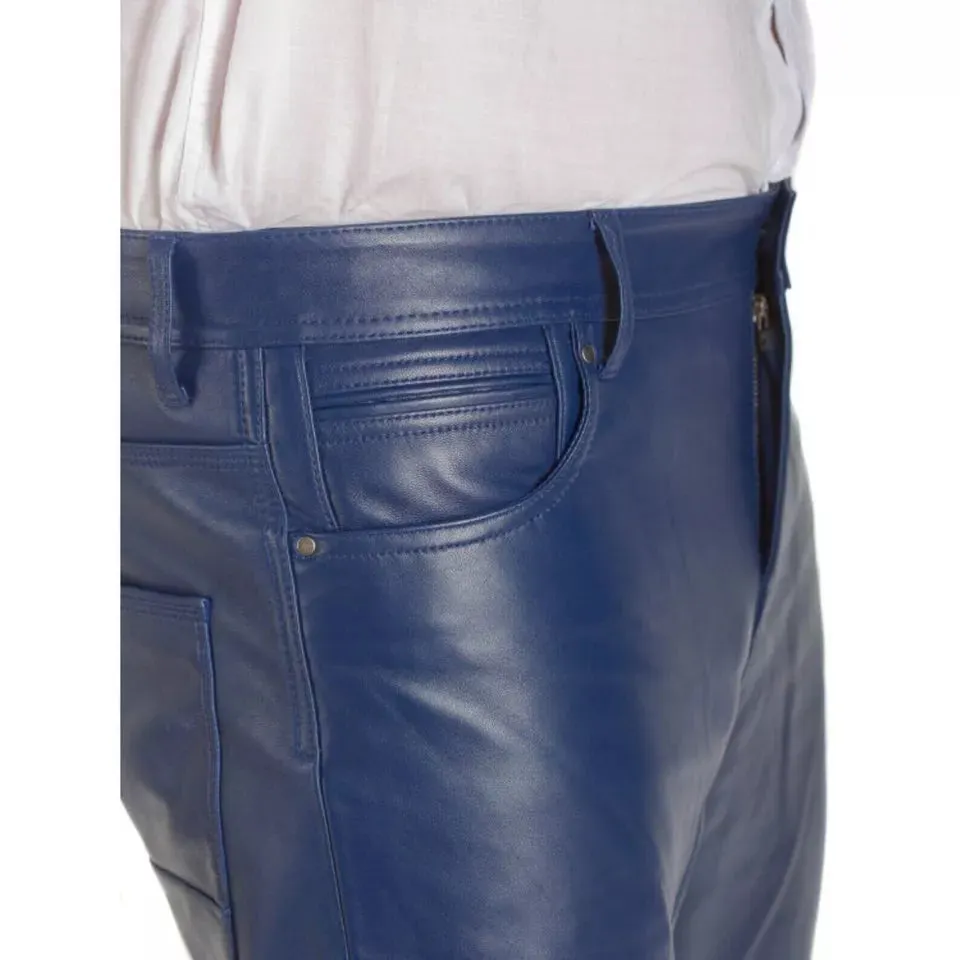 Brand New Mens Blue Premium Leather Pant. Real Soft Lambskin Biker Leather Pant.