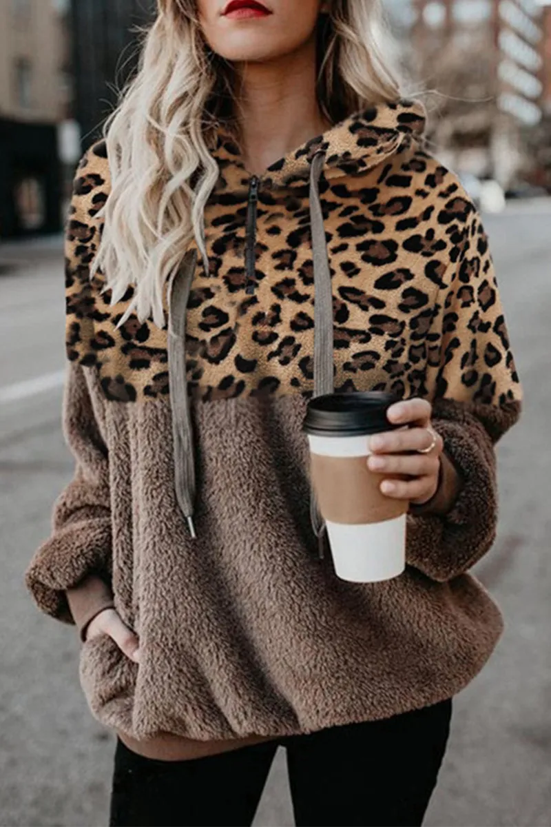Casual Leopard Patchwork Hooded Collar Tops(5 Colors)