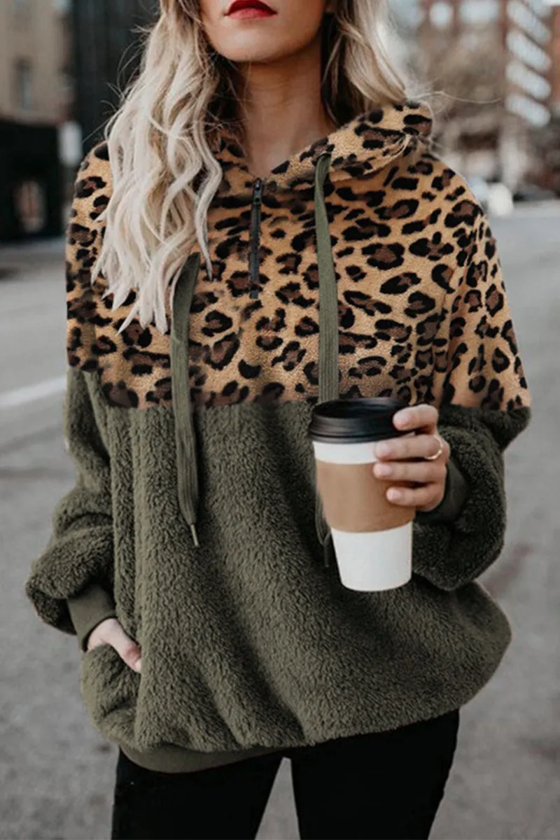 Casual Leopard Patchwork Hooded Collar Tops(5 Colors)