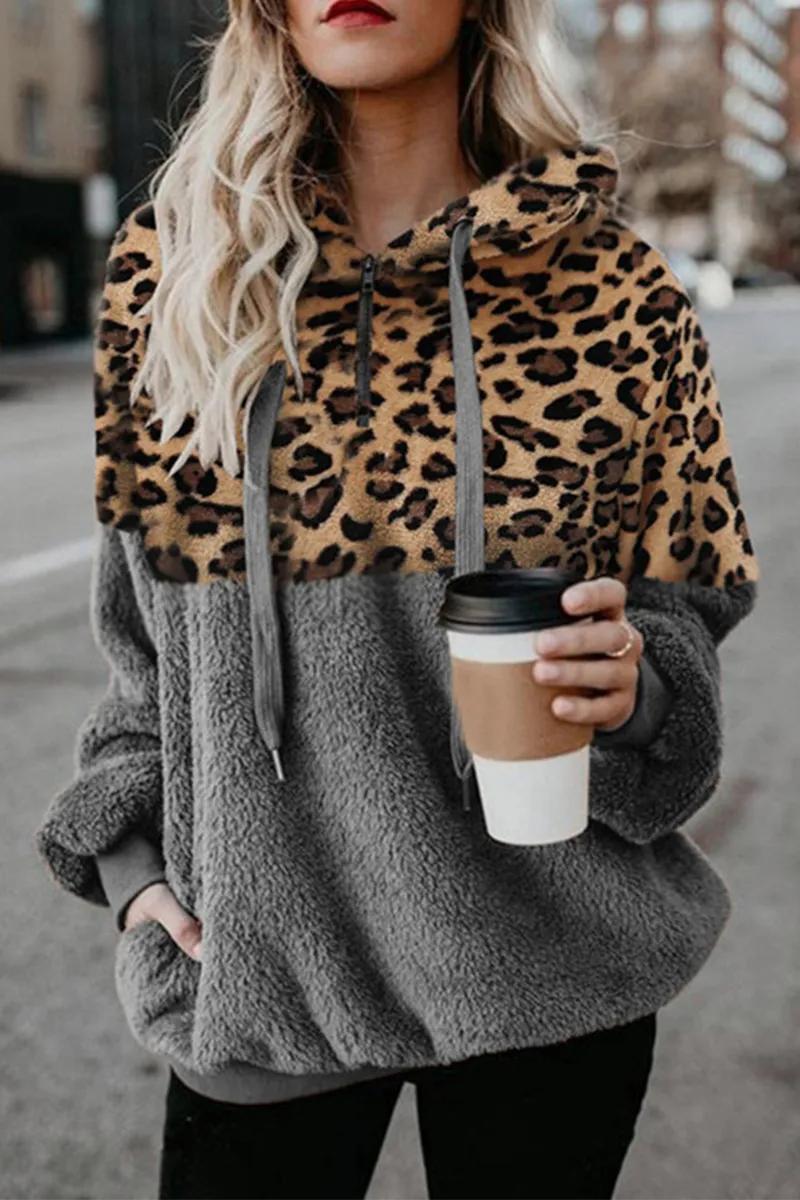 Casual Leopard Patchwork Hooded Collar Tops(5 Colors)