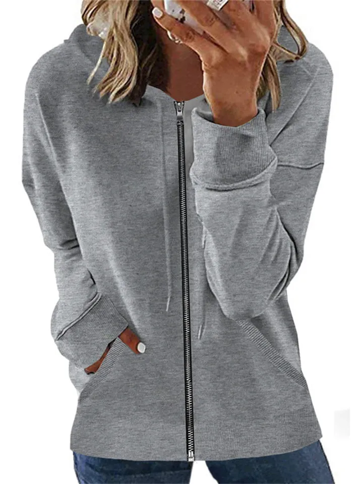 Casual Long Sleeve Solid Color Zipper Hoodies