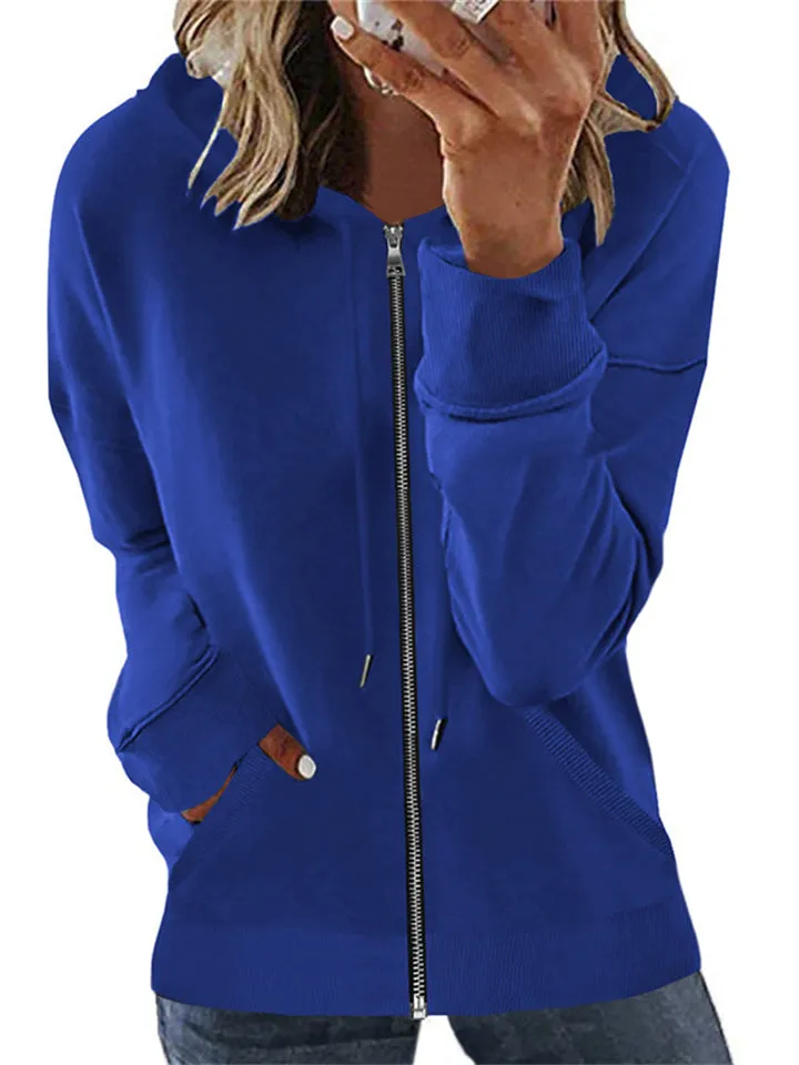 Casual Long Sleeve Solid Color Zipper Hoodies