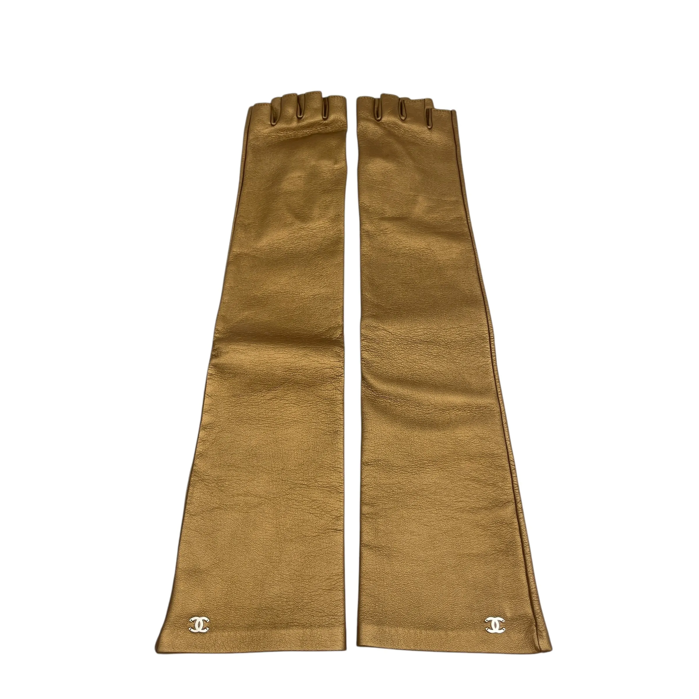 CC Full (Fingerless) 7.5 Bronze Gloves in Lambskin, Silver hardware