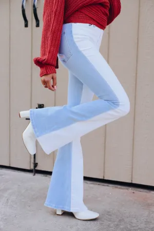 Charlotte Color Block Flare Jeans - White/Blue