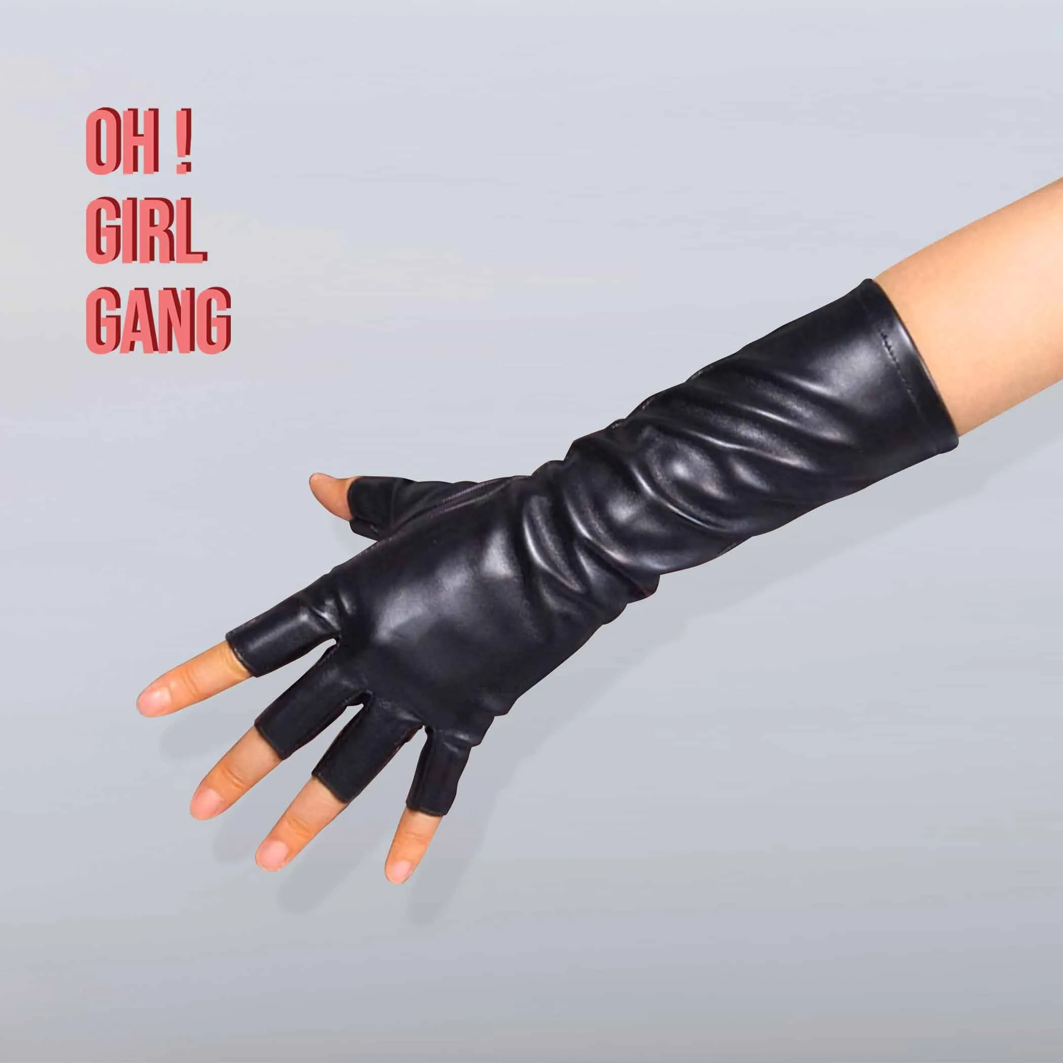 Chic Black Faux Leather Fingerless Gloves : Pink