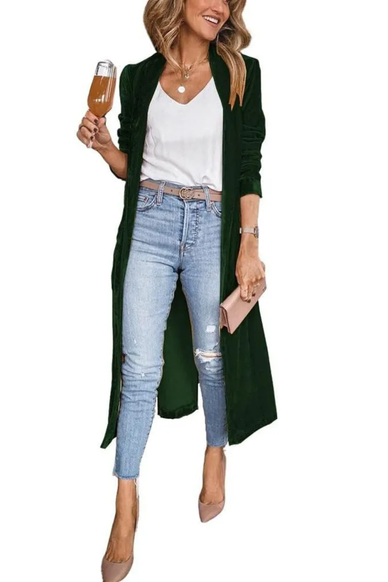 Chouyatou Women's Vintage Velvet Open Front Cardigan Blazer Suits Silky Loose Fit Long Jacket Coat