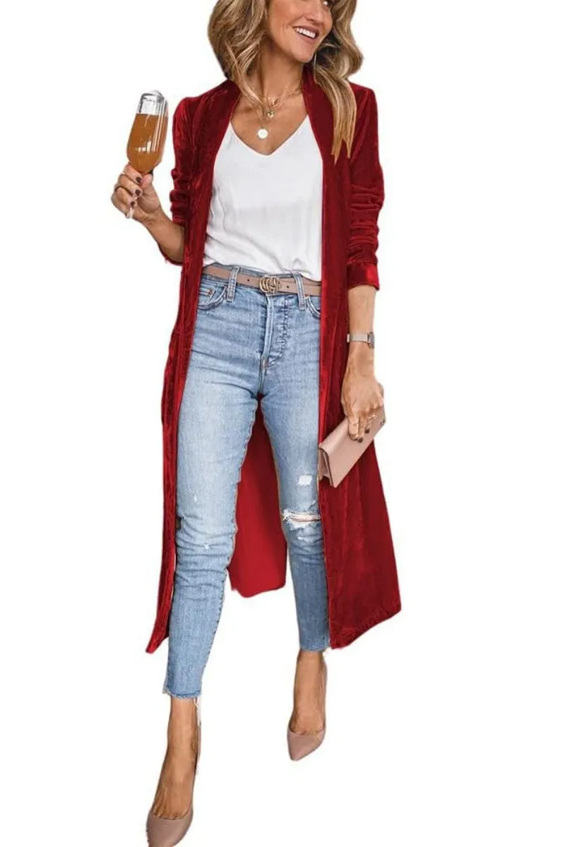 Chouyatou Women's Vintage Velvet Open Front Cardigan Blazer Suits Silky Loose Fit Long Jacket Coat