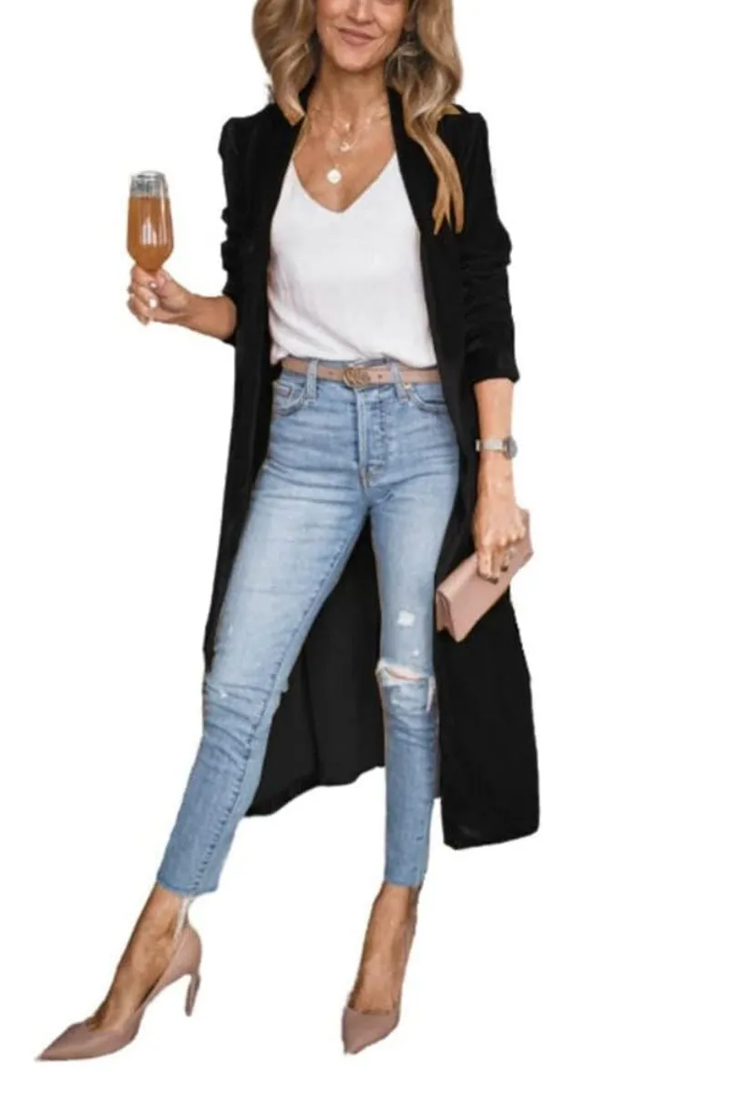 Chouyatou Women's Vintage Velvet Open Front Cardigan Blazer Suits Silky Loose Fit Long Jacket Coat