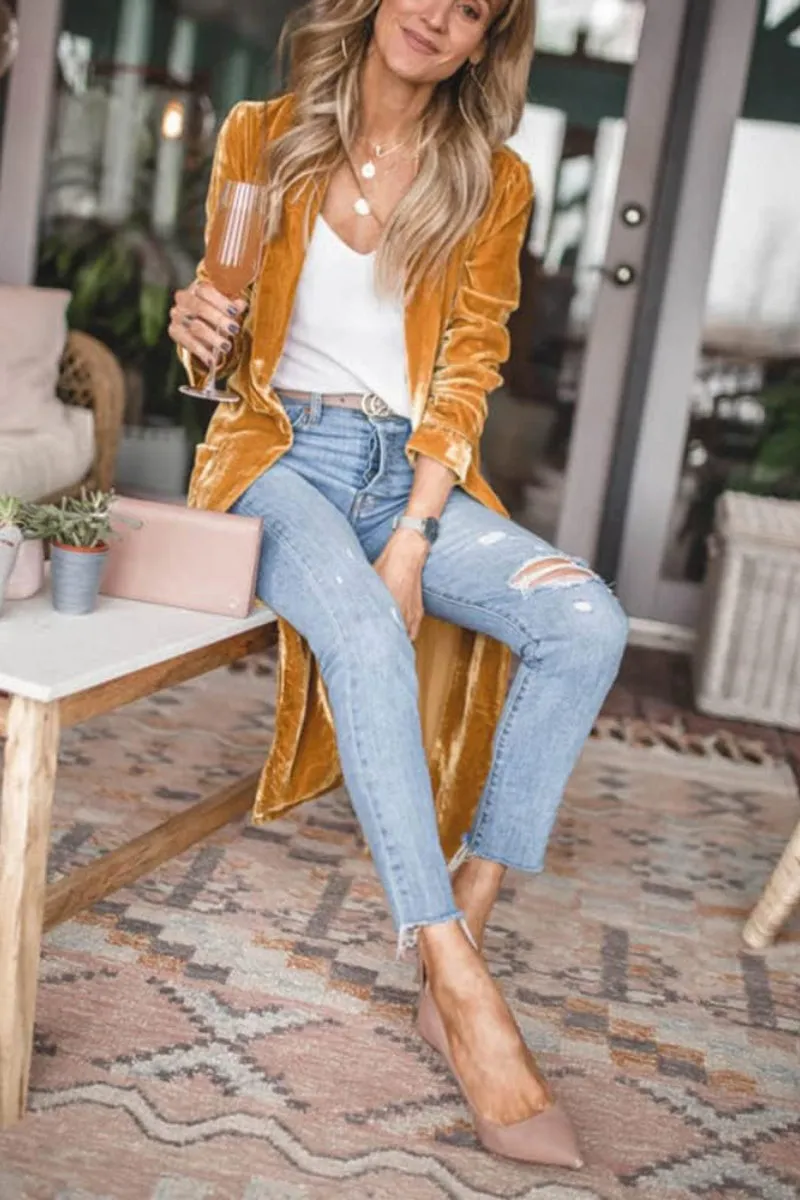 Chouyatou Women's Vintage Velvet Open Front Cardigan Blazer Suits Silky Loose Fit Long Jacket Coat
