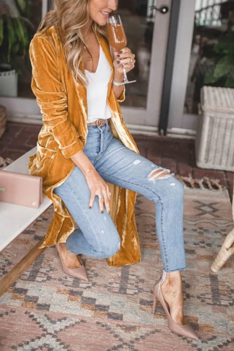 Chouyatou Women's Vintage Velvet Open Front Cardigan Blazer Suits Silky Loose Fit Long Jacket Coat