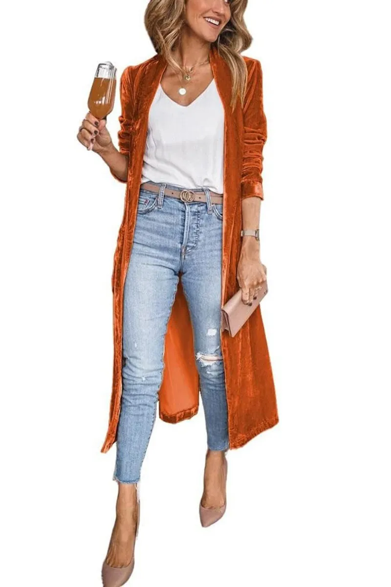 Chouyatou Women's Vintage Velvet Open Front Cardigan Blazer Suits Silky Loose Fit Long Jacket Coat