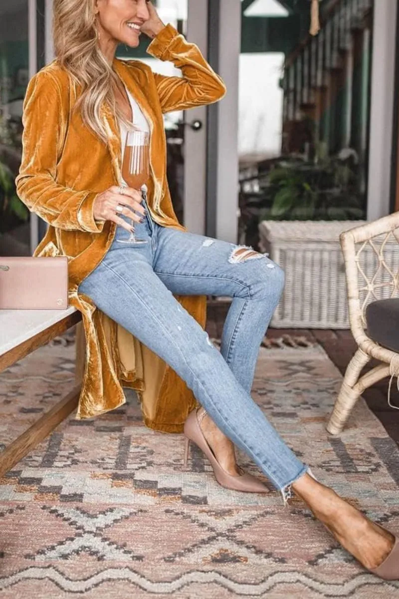 Chouyatou Women's Vintage Velvet Open Front Cardigan Blazer Suits Silky Loose Fit Long Jacket Coat