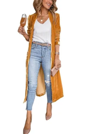 Chouyatou Women's Vintage Velvet Open Front Cardigan Blazer Suits Silky Loose Fit Long Jacket Coat