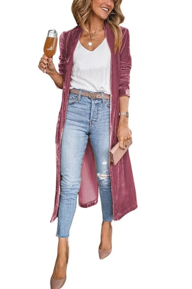 Chouyatou Women's Vintage Velvet Open Front Cardigan Blazer Suits Silky Loose Fit Long Jacket Coat