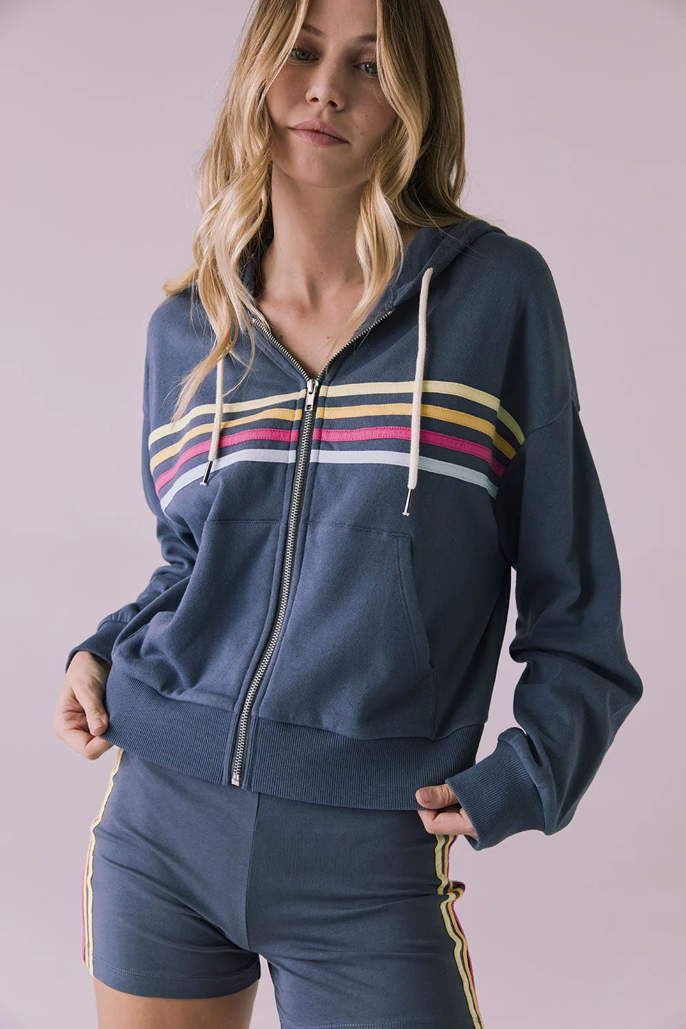 Contrast Strappings Zip Up Hoodie