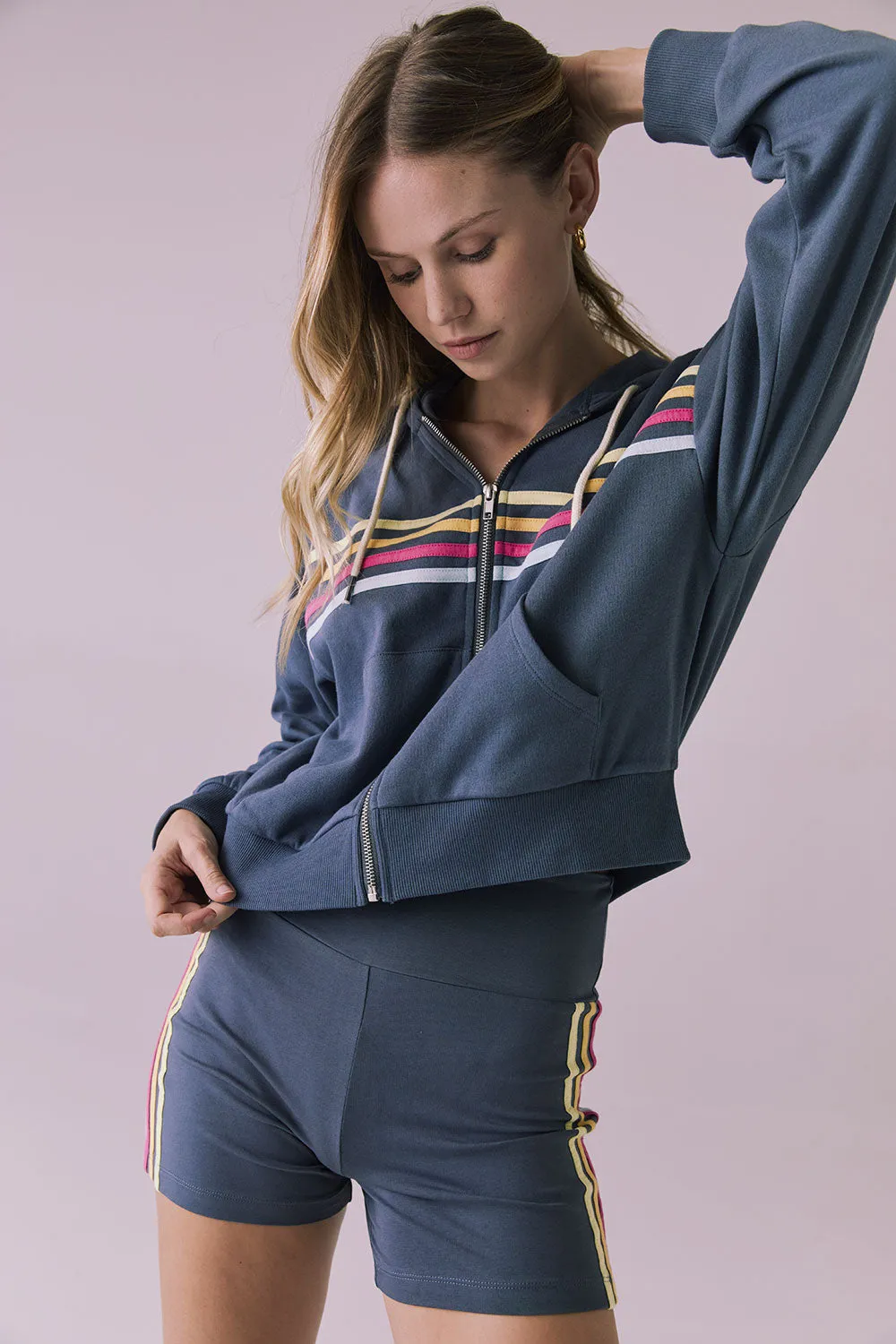 Contrast Strappings Zip Up Hoodie
