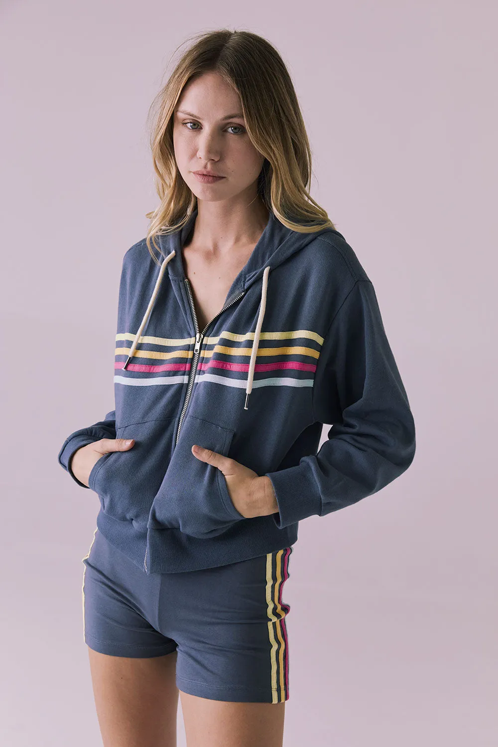 Contrast Strappings Zip Up Hoodie