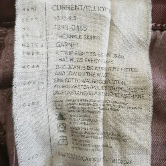 CURRENT/ELLIOTT The Ankle Skinny low rise waist retro jeans in garnet Size 27