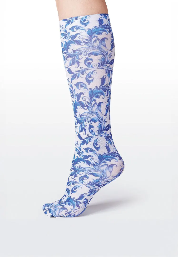 Cutieful Blue Watercolor Flowers Print Sheer Knee High Compression Socks 8-15 mmHg