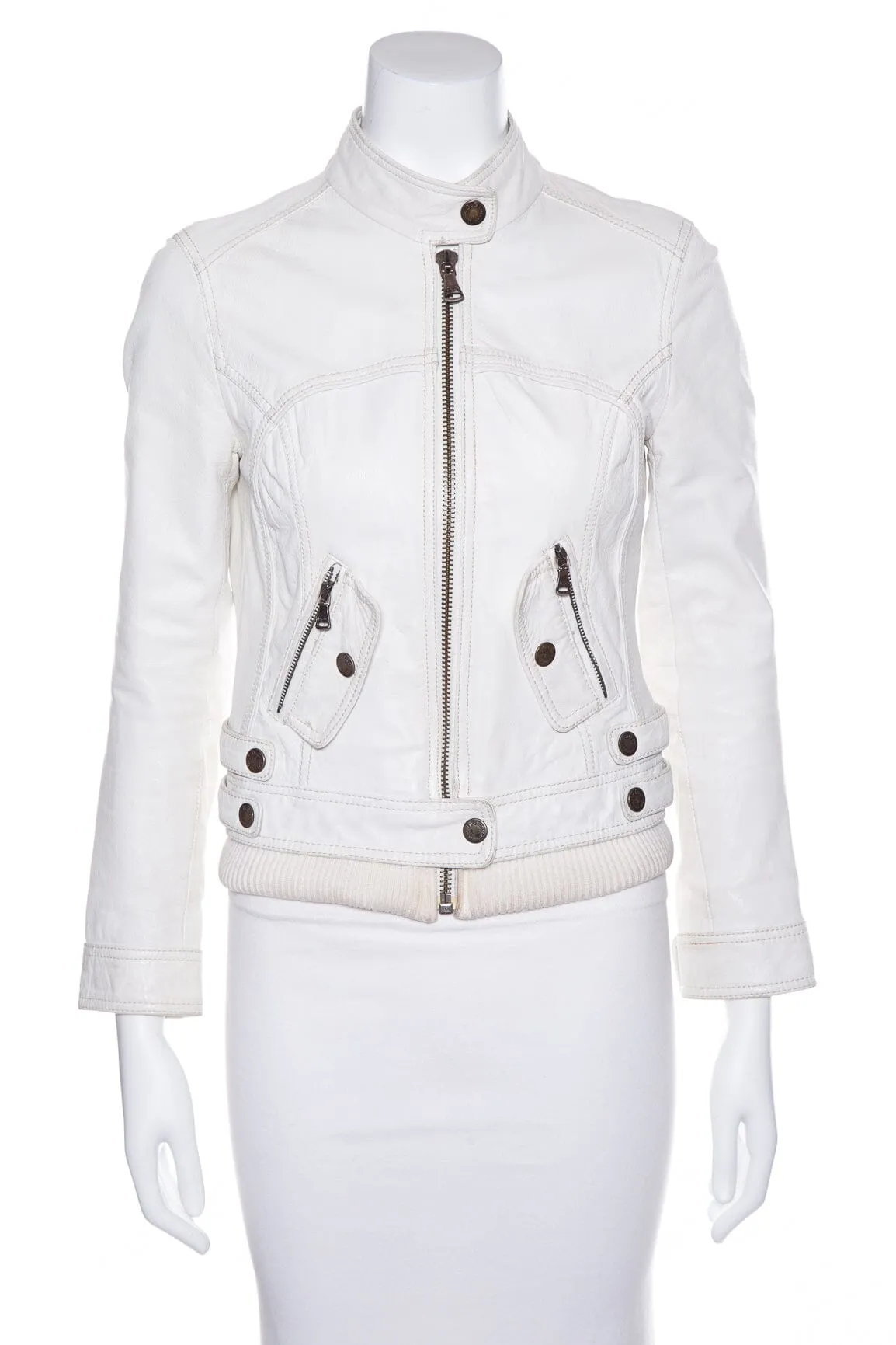 D&G White Leather Zip Up Jacket SZ 40