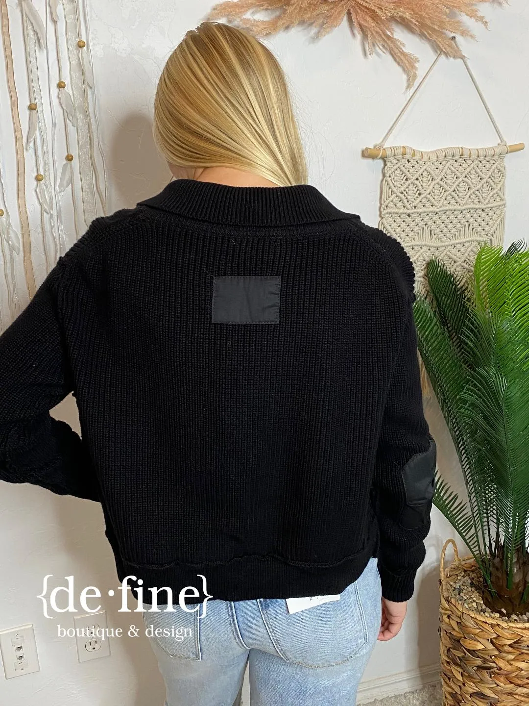 Elbow Patch Cardigan with Pockets in Black or Oatmeal