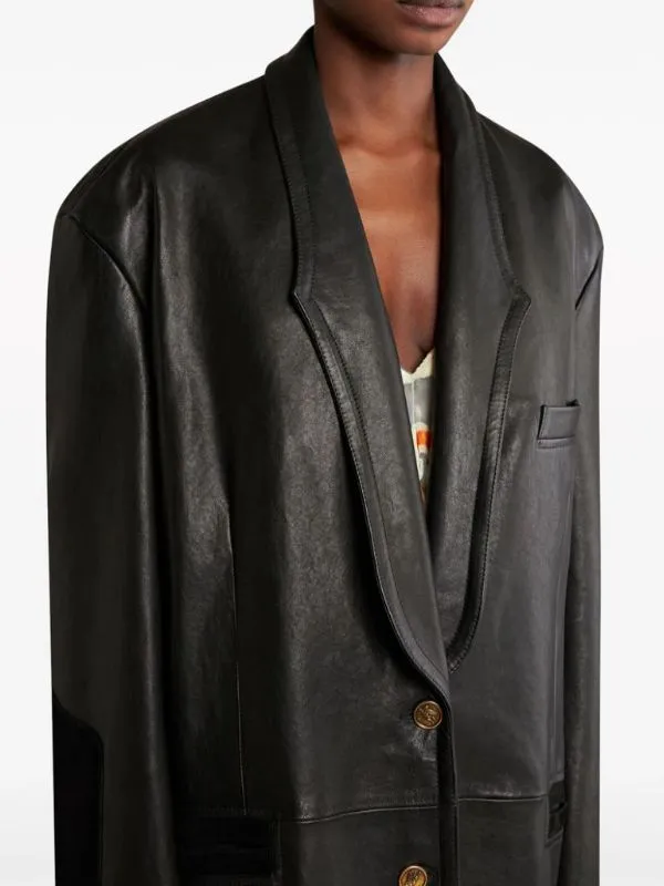 Elsa Hosk Biker Black Leather Long Blazer
