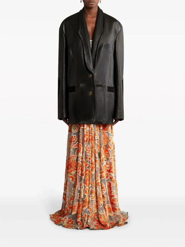 Elsa Hosk Biker Black Leather Long Blazer