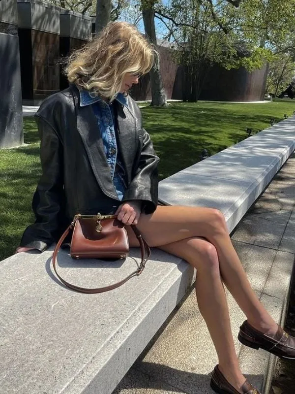 Elsa Hosk Biker Black Leather Long Blazer